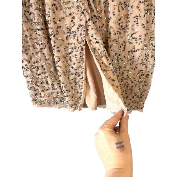 NWT ASOS Drape Back Pencil Dress Iridescent Sequins Beads Blush Midi Women's 10 - Picture 6 of 13
